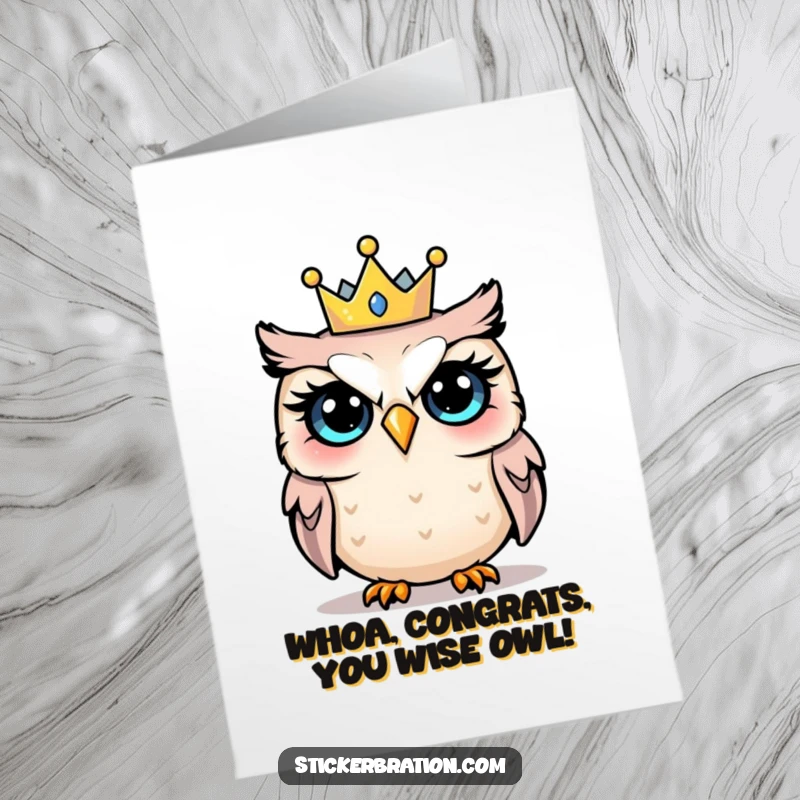 Funny Free Printable Card: A wide-eyed owl looking utterly surprised while wearing a tiny, festive party crown.