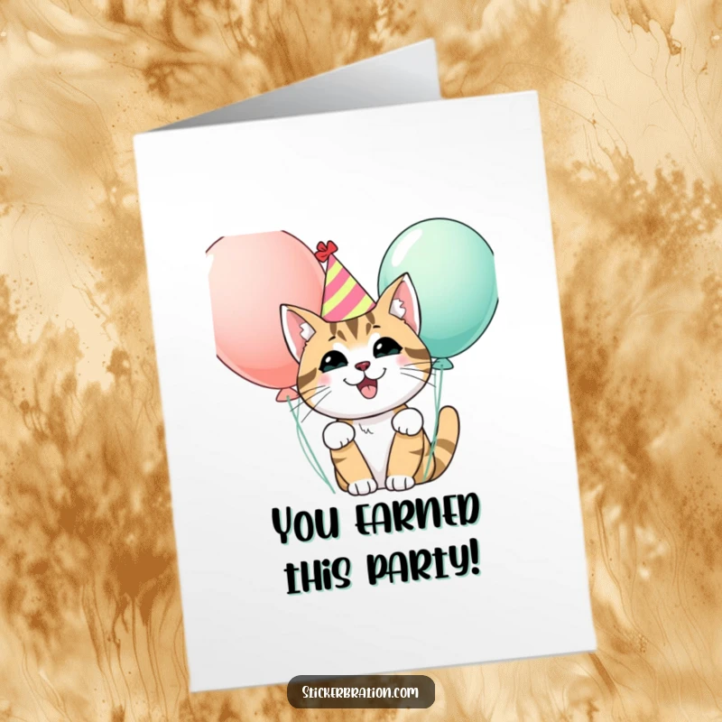 Funny Free Printable Congrats Card: A cheerful cat in a party hat curiously peeks out from behind a cluster of festive balloons.