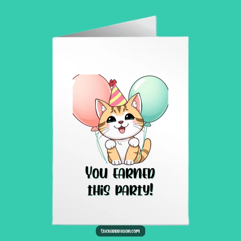 Free Printable Congrats Card: Party Cat Balloon Surprise Downloadable Gift