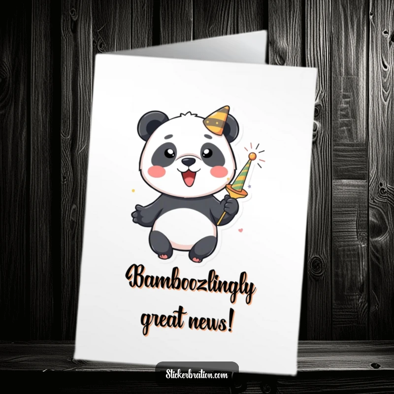 Funny Free Printable Congratulations Card: An energetic panda character unleashes a vibrant party popper, scattering colorful streamers and confetti.