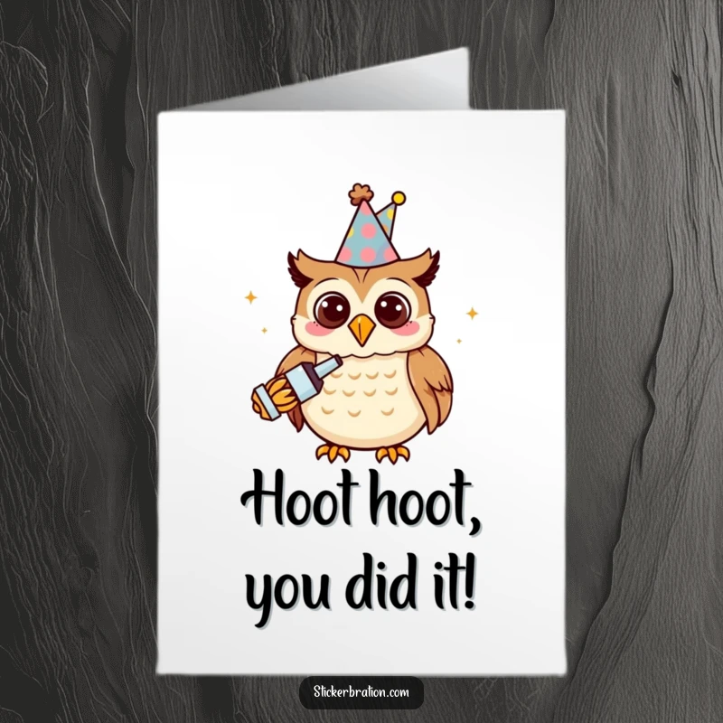 Funny Free Printable congratulations card showing a smiling owl in a party hat joyfully using a noisemaker to celebrate achievements.