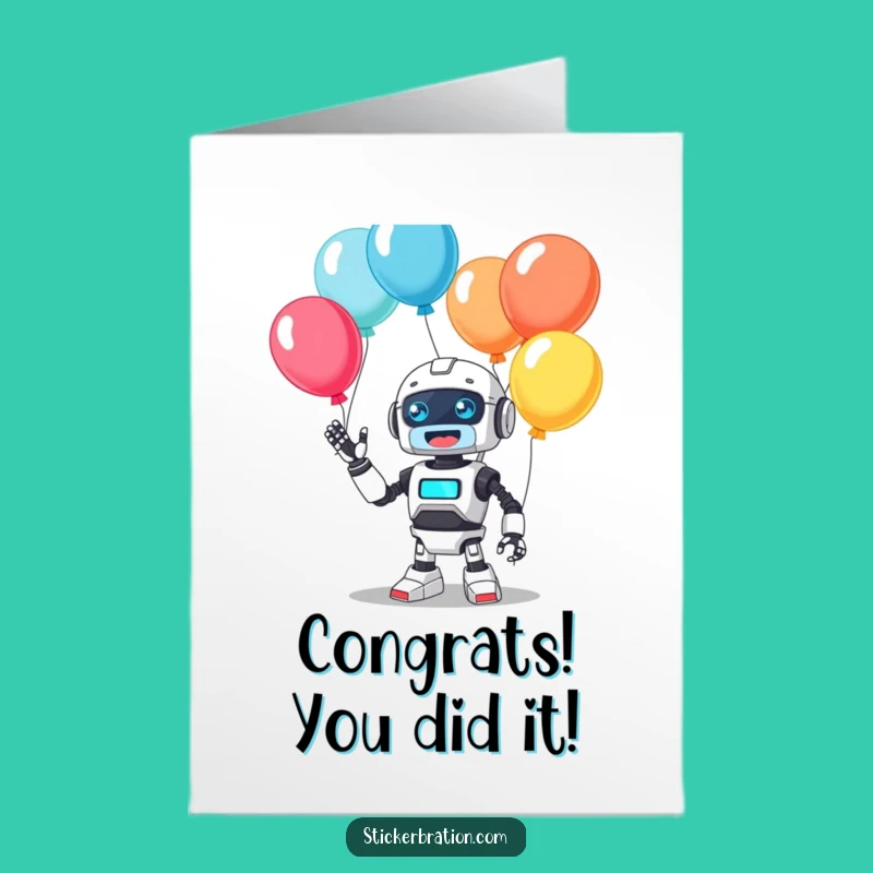 Free Printable Congratulations Card: Robot's Balloon Juggling for Festive Success!