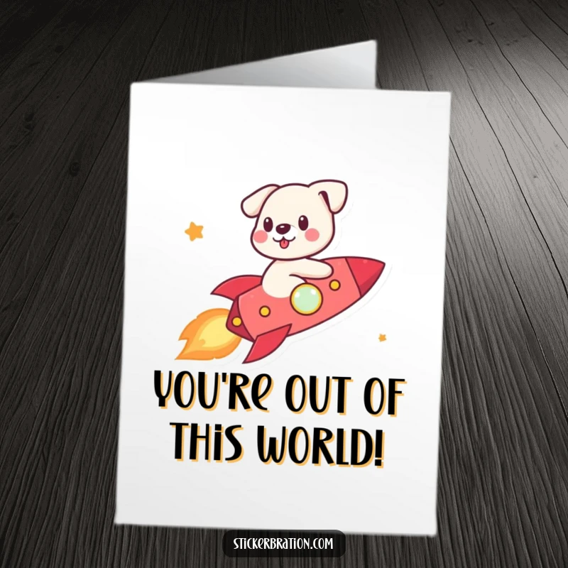 Funny Free Printable Congratulations Card: A cute dog riding a tiny rocket, celebrating reaching new heights of success.