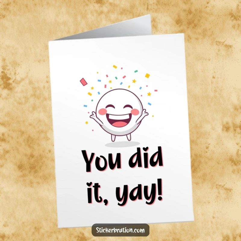 Funny Free Printable Round Sticker Character Throwing Confetti Card - Joyful sticker congratulates success.