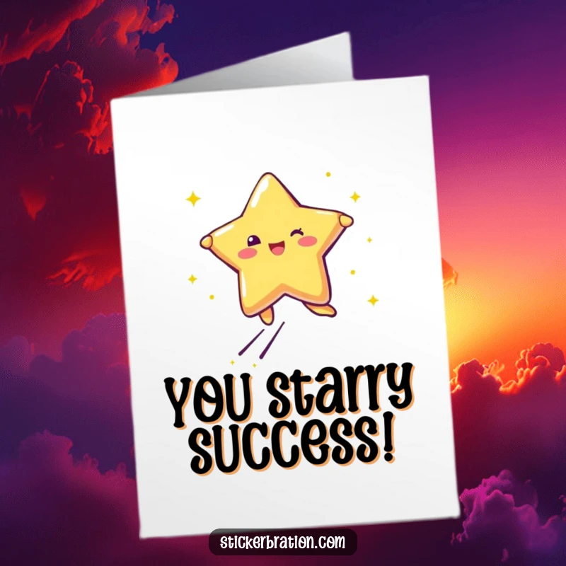 Funny Free Printable Star Sticker Character Leaping with Joy Card - Glittery star congratulates success.