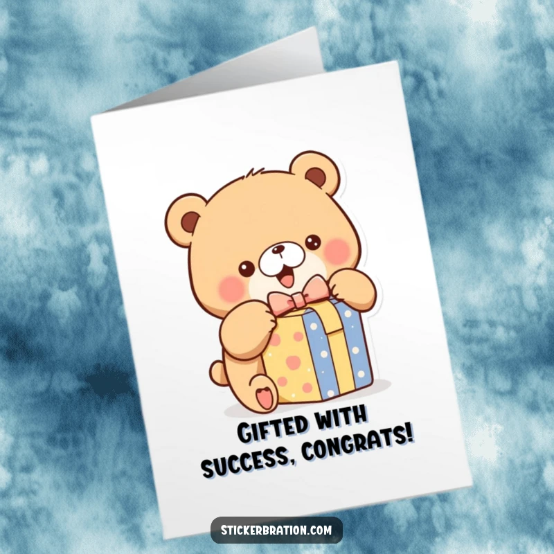 Funny Free Printable Congrats Card: Chubby bear character gleefully opening a colorful gift box, celebrating a success with pure delight.
