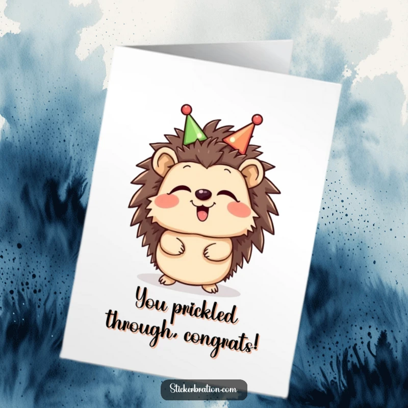 Funny free printable congratulations card of a giggling hedgehog character in a celebratory headband, sharing in the joy of success.