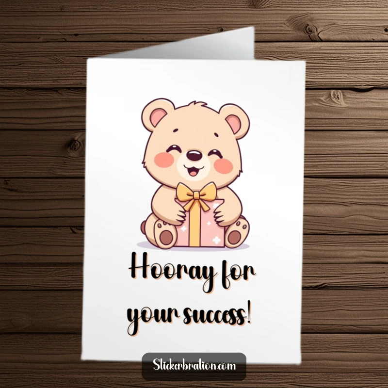 Funny Free Printable Congratulations Card: A bear cub joyfully opening a gift, a downloadable design for celebrating achievements.