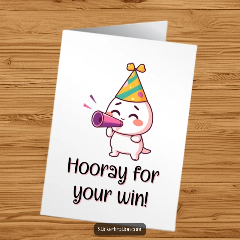 Funny Free Printable Party Hat Sticker Character Blowing Noisemaker Card - Excited sticker congratulates success.