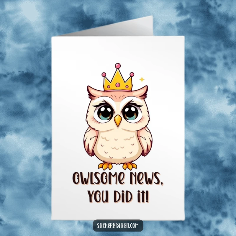 Funny Free Printable Congratulations Card showing a shocked owl wearing a tiny party crown, reacting to unexpected good news.