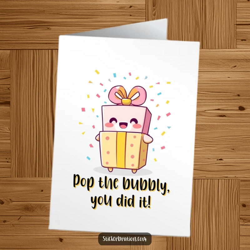 Funny Free Printable Congratulations Card: A happy gift box character bursts open, releasing a delightful cascade of festive confetti.
