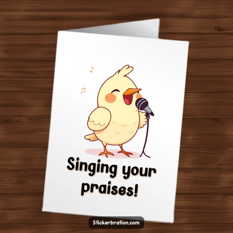 Funny Free Printable Congratulations Card: Cheerful bird with a microphone, singing a victorious song of praise and accomplishment.