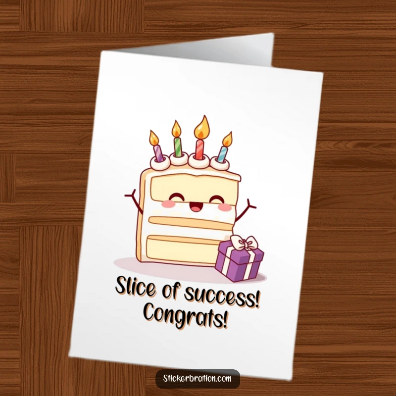 Free Printable Congratulations Card: A happy cake slice with candles enthusiastically opens a gift, celebrating sweet victories.