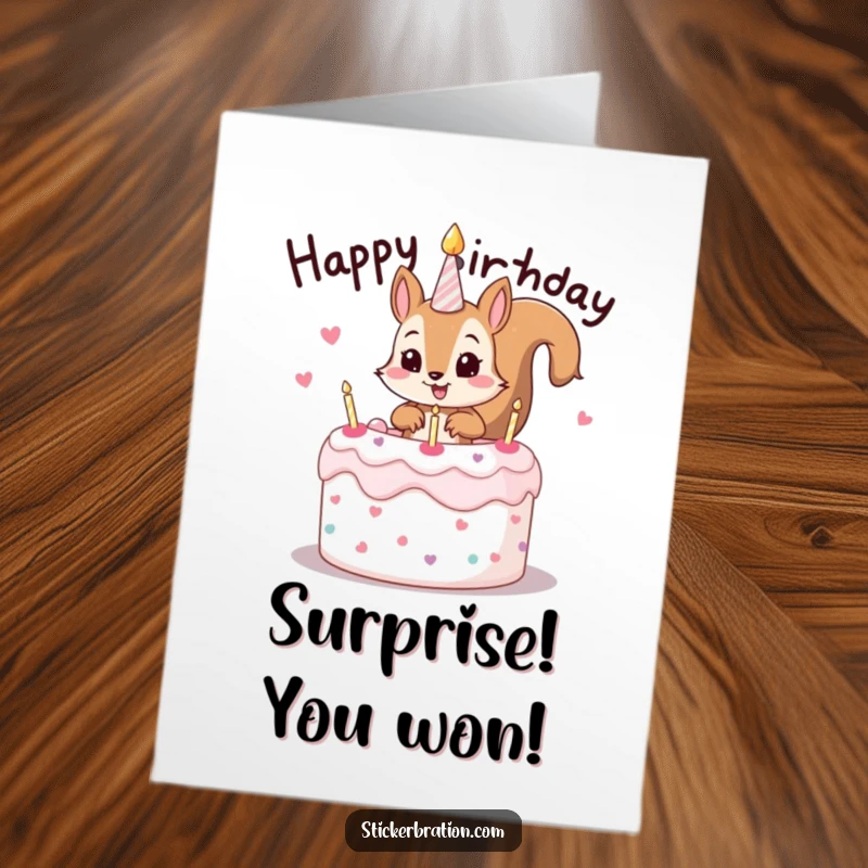 Funny Free Printable Congrats Card: Mischievous squirrel character emerging from a birthday cake, bringing unexpected humor to congratulations.