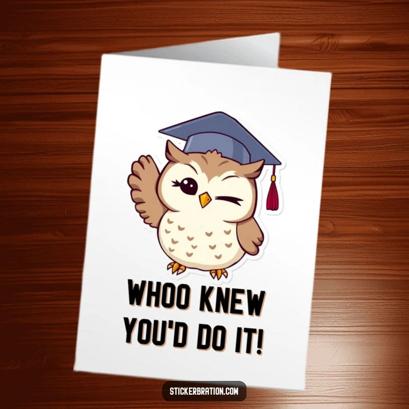 Funny Free Printable Congratulations Card: A winking owl wearing a graduation cap triumphantly throws it up, celebrating a major accomplishment.