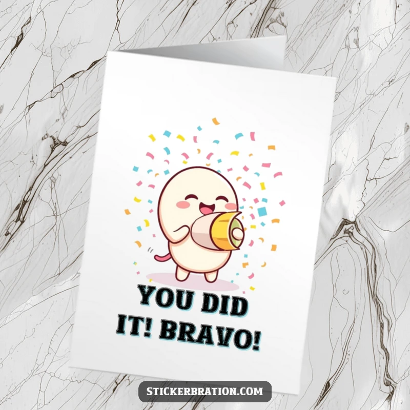 Funny Free Printable Congratulations Card with a laughing confetti cannon character launching a cascade of colorful paper.