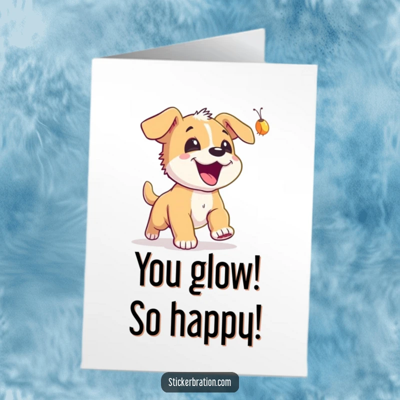 Funny Free Printable Congratulations Card: A happy puppy energetically pursuing a bright firefly, a fun downloadable gift.