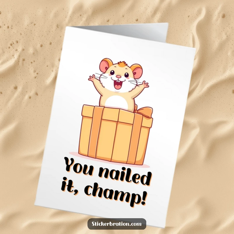 Funny Free Printable Congratulations Card: Excited hamster mid-bounce on a giant present, celebrating a fantastic achievement with energy.