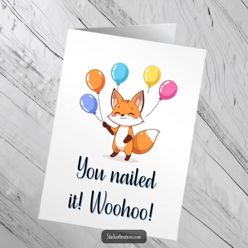 Funny Free Printable Congratulations Card: A skillful fox juggling several colorful balloons, a downloadable design for any achievement.
