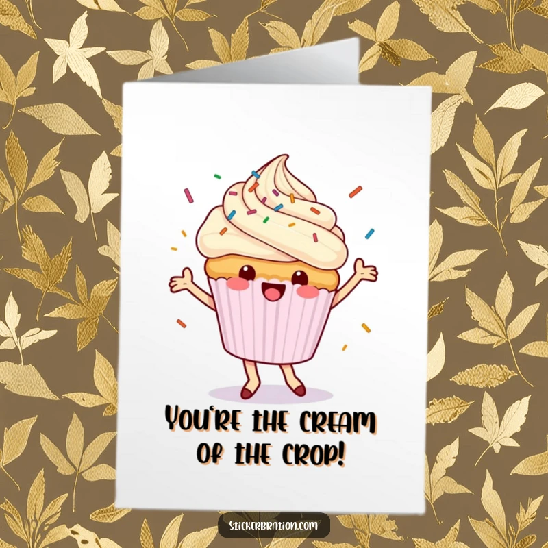 Funny Free Printable Congratulations Card: A happy cupcake character dancing with sprinkles showering down, celebrating a wonderful achievement.