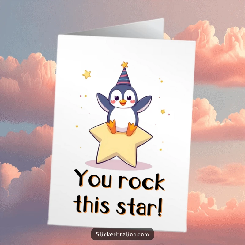 Funny Free Printable Congrats Card: Happy penguin character performing a celebratory dance atop a large shining star, a fun congratulatory image.