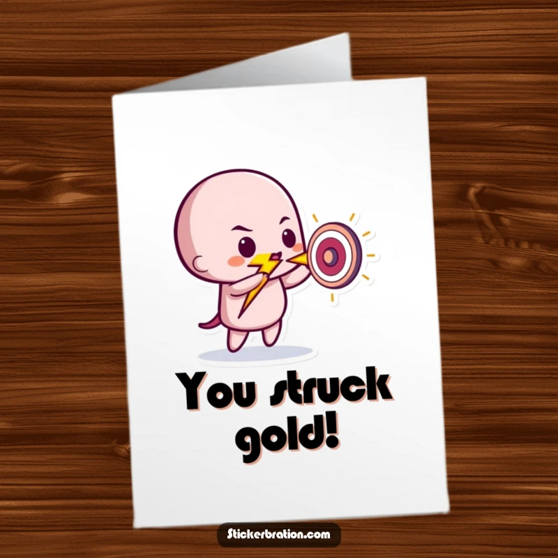 Funny Free Printable Congratulations Card: A determined lightning bolt character hitting a tiny bullseye, celebrating success with precision.