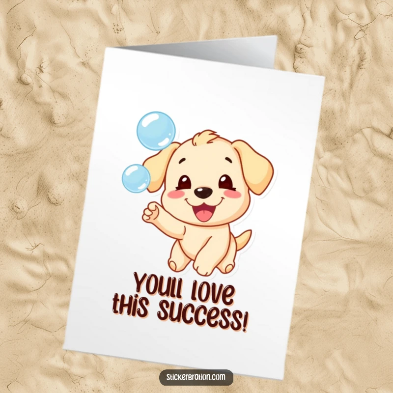 Funny Free Printable Congratulations Card: A happy puppy gleefully leaps after iridescent bubbles, celebrating your success.