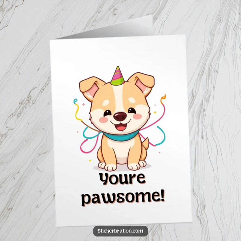 Funny Free Printable Congratulations Card: A happy dog adorned with party streamers, celebrating success with wagging tail and festive spirit.