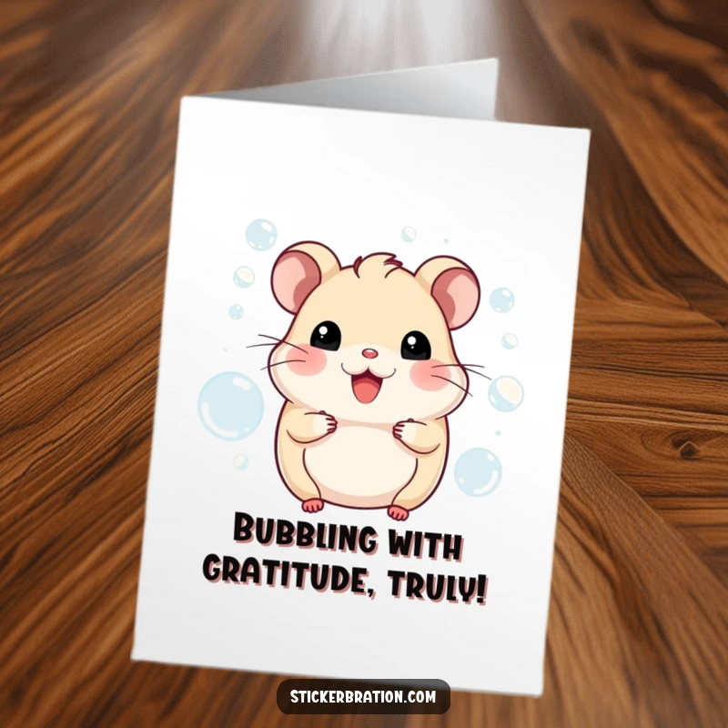 Funny Free Printable Thank You Card: A happy hamster character is embraced by a playful flurry of ascending bubbles, saying thanks.