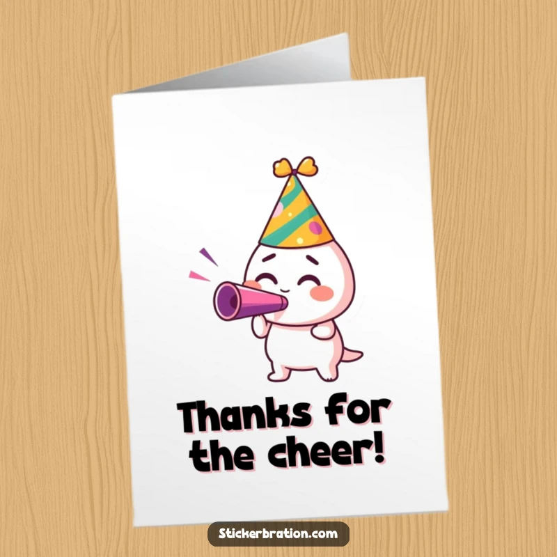 Funny Free Printable Party Hat Sticker Character Blowing Noisemaker Card - Excited sticker expresses thanks.