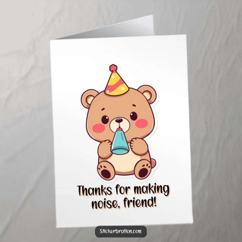 Funny free printable thank you card: A friendly bear wearing a party hat blows a noisemaker with enthusiasm.