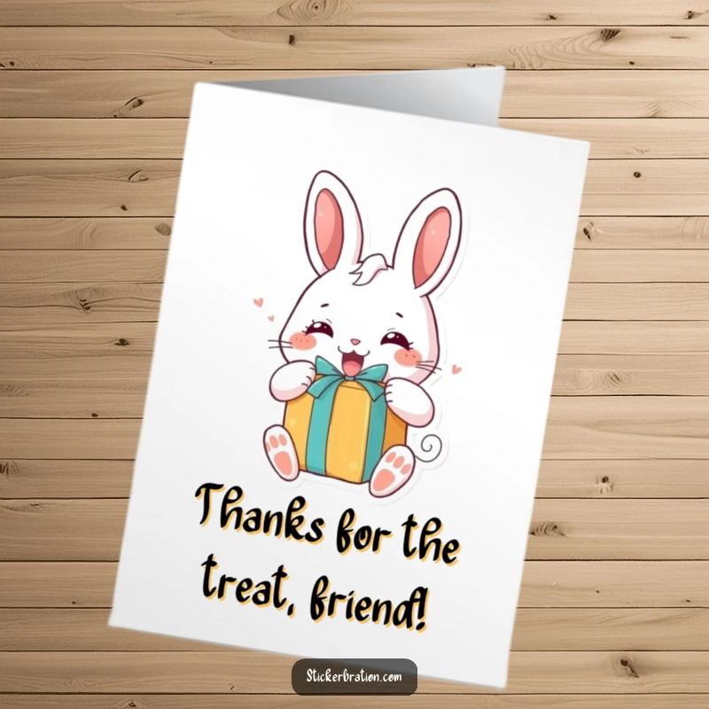 Funny free printable thank you card: A plump bunny joyfully tears into a colorful gift box.