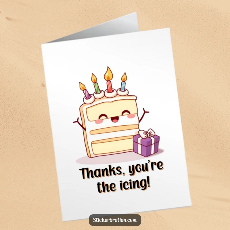 Funny Free Printable Thank You Card: A beaming cake slice with candles joyfully opens a gift, hilariously conveying thanks.