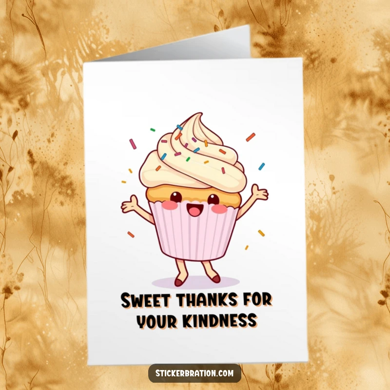 Funny Free Printable Thank You Card: A dancing cupcake character showers it's thanks with a happy cascade of colorful sprinkles.
