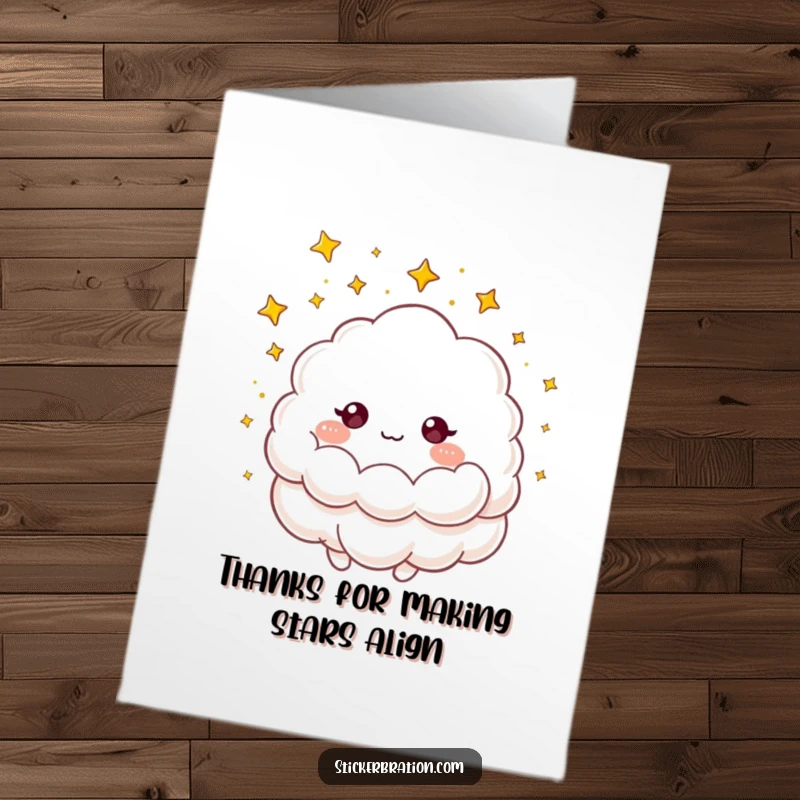 Funny Free Printable Thank You Card: A fluffy cloud character showers tiny golden stars, conveying thanks with celestial sparkle.