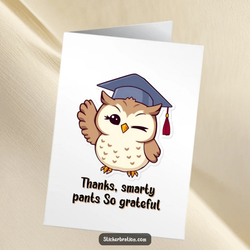 Funny Free Printable Thank You Card: A winking owl in a graduation cap playfully throws it up, conveying heartfelt thanks and admiration.
