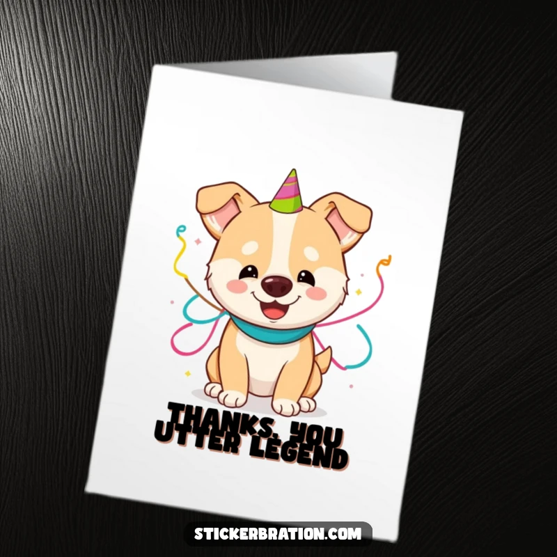 Funny Free Printable Thank You Card: A happy dog playfully wrapped in party streamers, conveying thanks with a cheerful, decorated look.