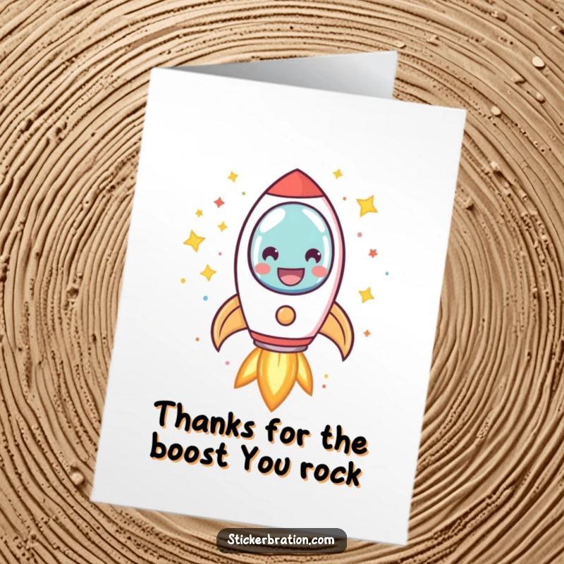 Funny Free Printable Thank You Card: A smiling rocket charing forward with confetti and stars, symbolizing thanks that reach the stars.