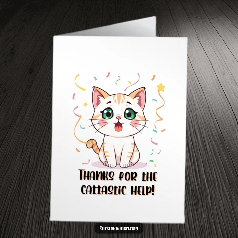 Funny Free Printable Thank You Card: A cat looking surprised among streamers, conveying unexpected thanks with humor.