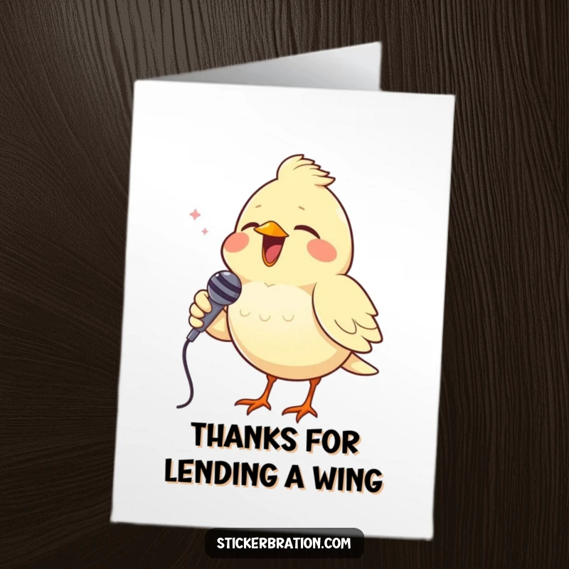 Funny Free Printable Thank You Card featuring a cheerful bird singing into a tiny microphone, offering a song of sincere thanks.