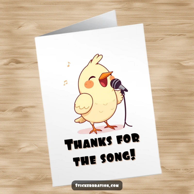Funny Free Printable Thank You Card: Cheerful bird singing into a microphone, sharing a beautiful song of gratitude.