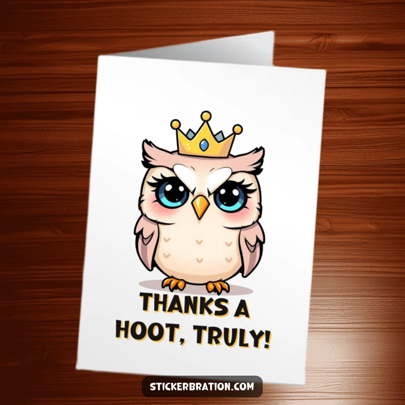 Funny Free Printable Thank You Card: An owl with a shocked expression, wearing a tiny party crown, conveying unexpected thanks.