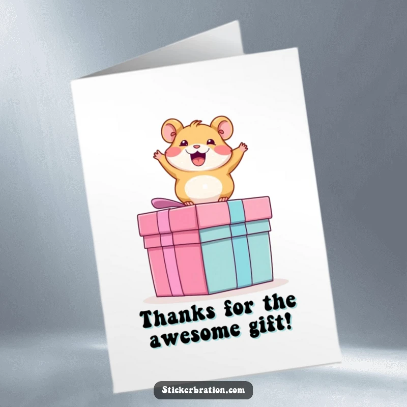 Funny free printable thank you card: A hyperactive hamster springs with joy on a large present, expressing thanks adorably.
