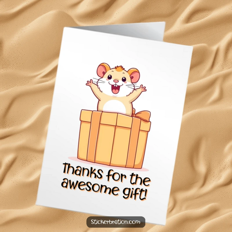 Funny Free Printable Thank You Card: Excited hamster bouncing on a present, conveying thanks with playful energy and joy.