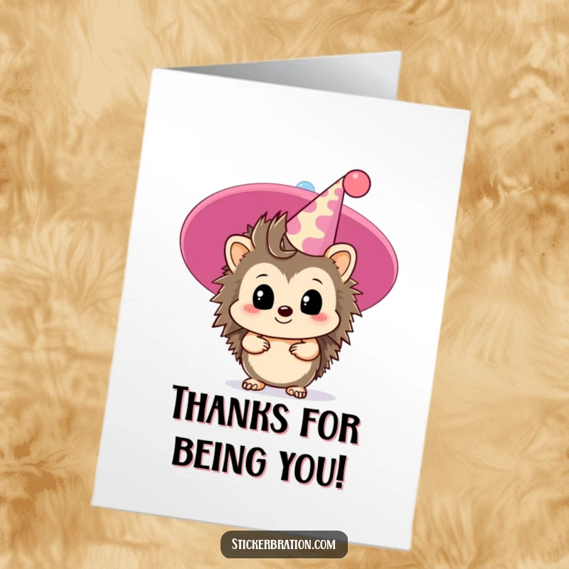 Funny Free Printable Thank You Card: A timid hedgehog peeking out behind a huge party hat, a downloadable design for thanks.