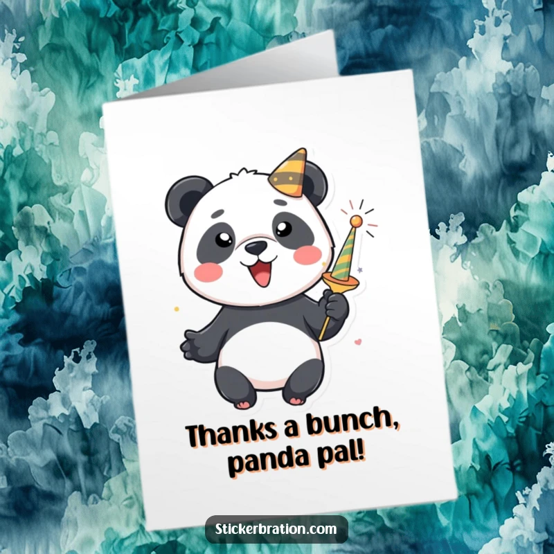 Funny Free Printable Thank You Card: A joyful panda character playfully activates a party popper, sending a shower of thanks.