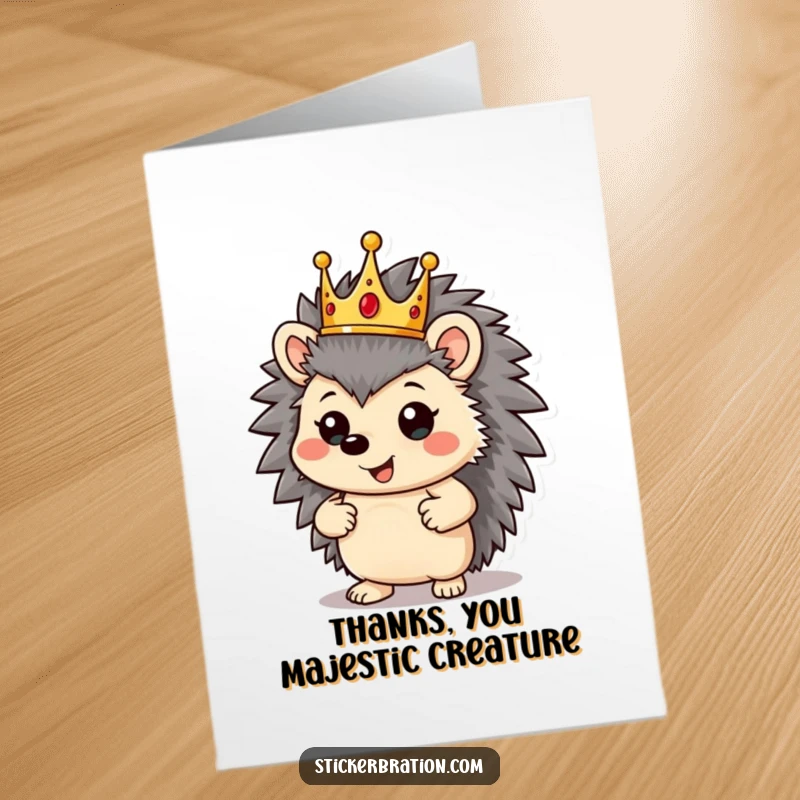 Funny Free Printable thank you card featuring a jolly hedgehog wearing a crown and striking a proud pose to express grand gratitude.