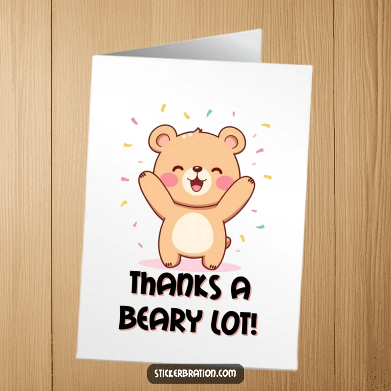 Funny free printable thank you card: a cute bear character joyfully tossing confetti to express thanks.