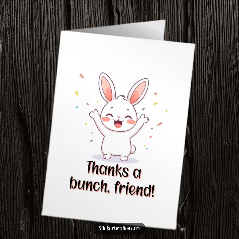 Funny Free Printable Thank You Card: A cute bunny character happily cheering amidst a confetti shower, perfect for showing thanks.