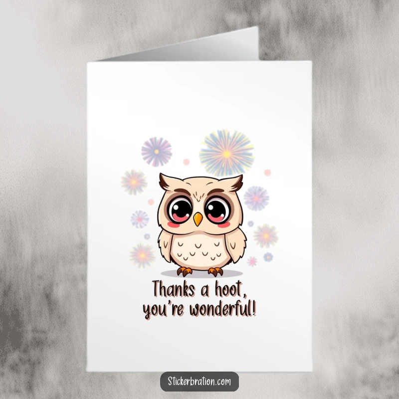Funny Free Printable Thank You Card: Surprised owl watching a firework, expressing amazement and thanks, a memorable downloadable gift.